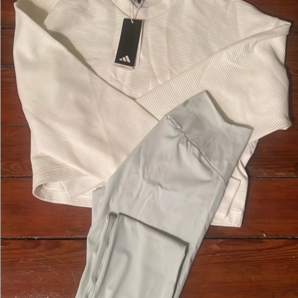 Adidas Cream Ribbed Sweater and Light green Leggings Set